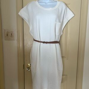 Elegant White Dress with Brown Belt